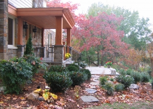 Portico, front stoop and plantings